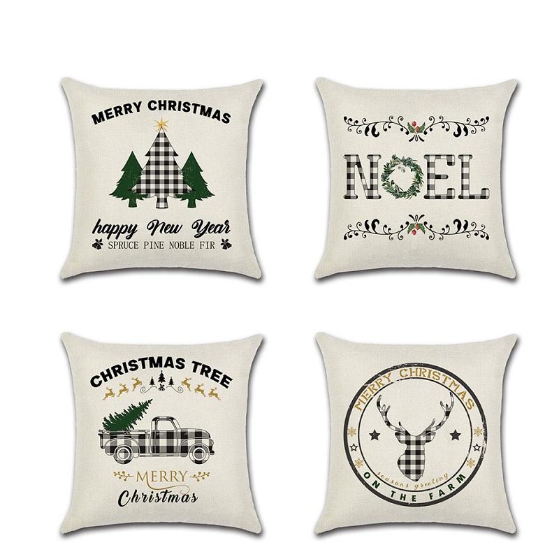 

Black Plaid Cushion Cover Merry Christmas Tree Deer Car Printed Cotton Linen Pillowcase Sofa Home Xmas Navidad New Year Decor, 76-02