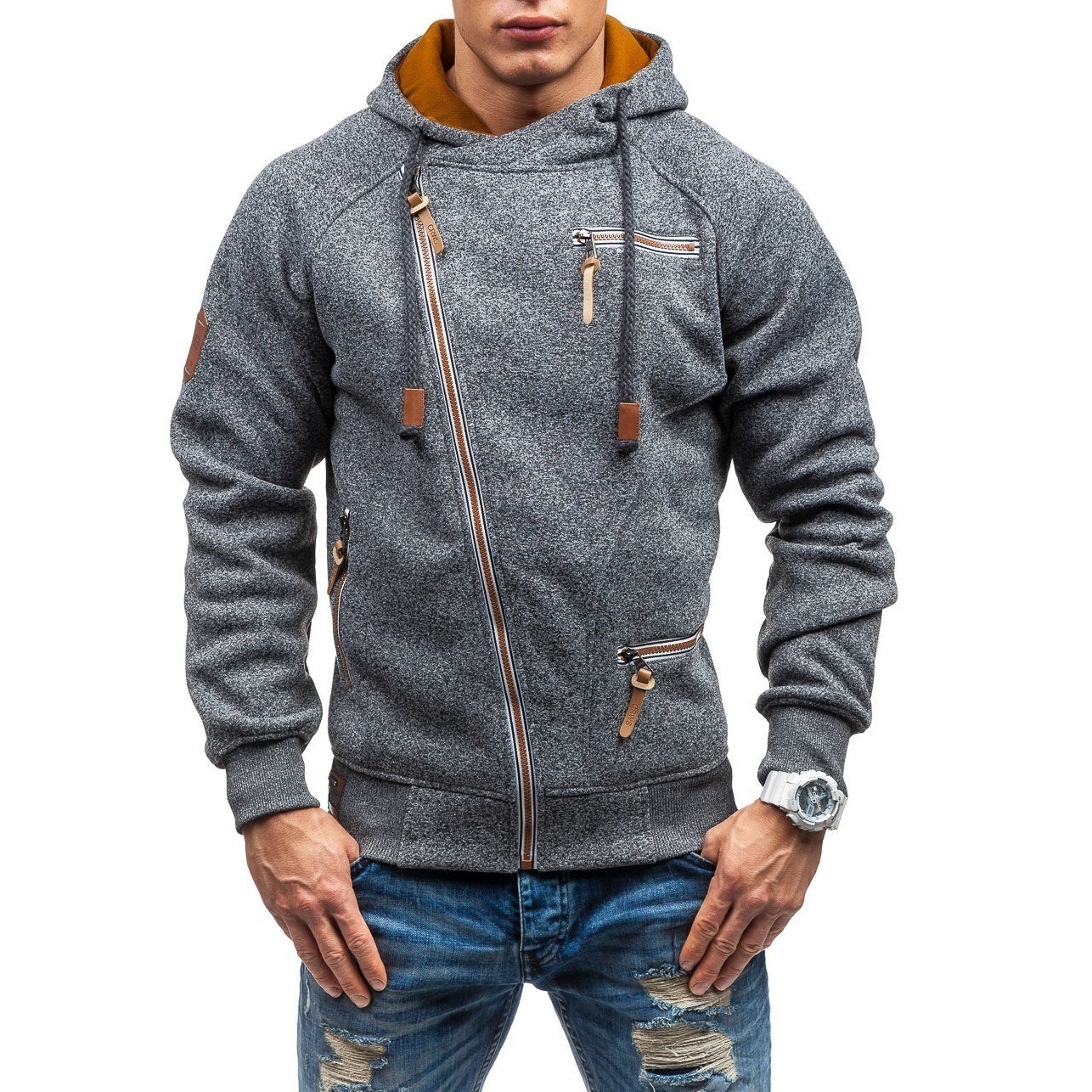 

Hoodies of fashionable spring Autumn Catholic men flannel Lateral zipper hoodie New color Solid sweater tops, Dark grey