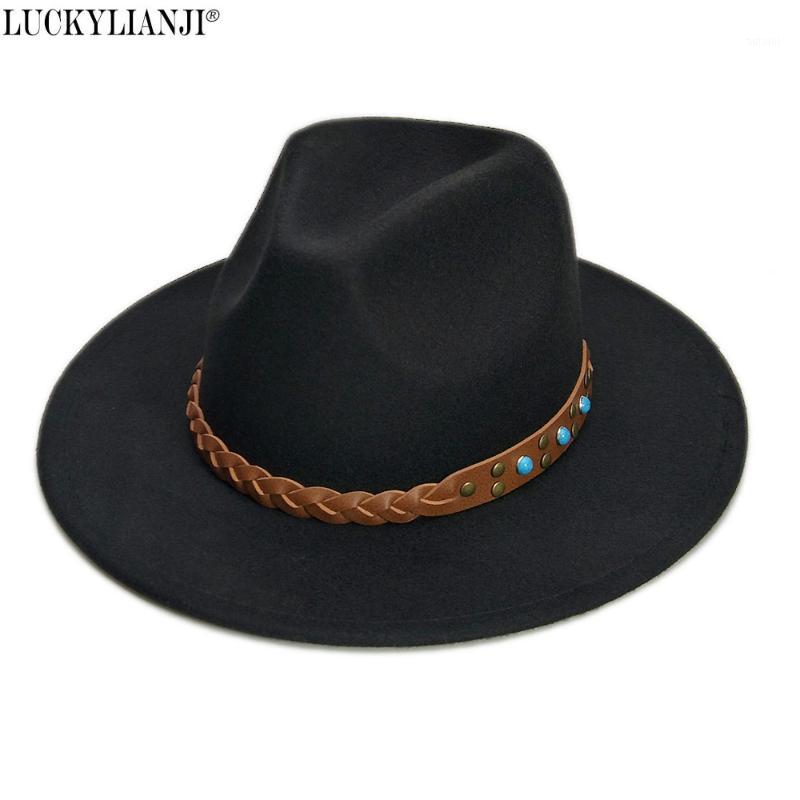 

LUCKYLIANJI Retro Wool Felt Women Men Solid Color Panama Fedora Bowler Hat Turquoise Belt Cap (Size:57cm,Adjust Rope)1, Black