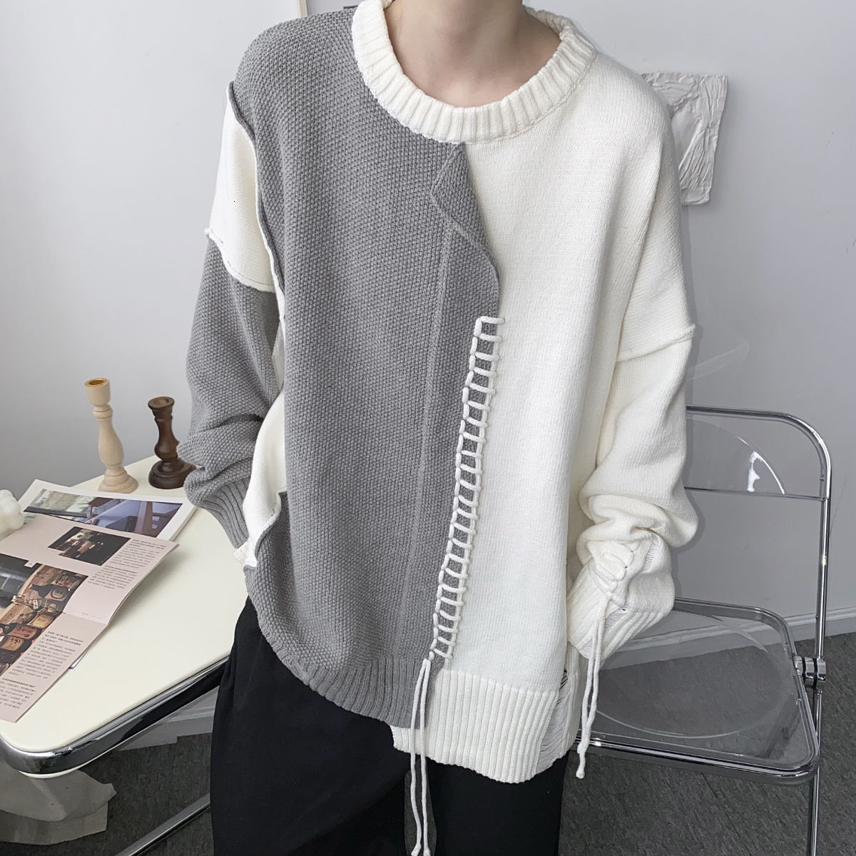 

New 2021 Men's Nightgown Around the Neck Autumn and Winter Matching Sweater Street Fashion Male Clothes ZRMH, Black