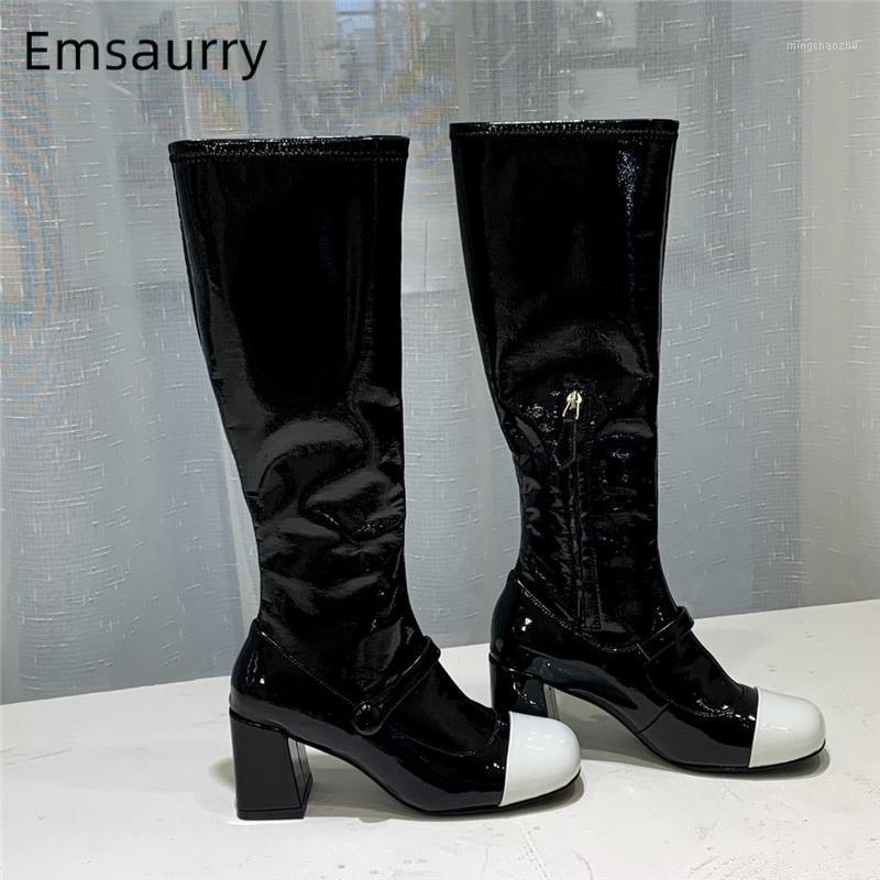 

Black White Mixed Color Knee-high Boots Women Round Toe 6cm Med Heel Patchwork Crystal Flower Decor Winter Boots Woman1, As show