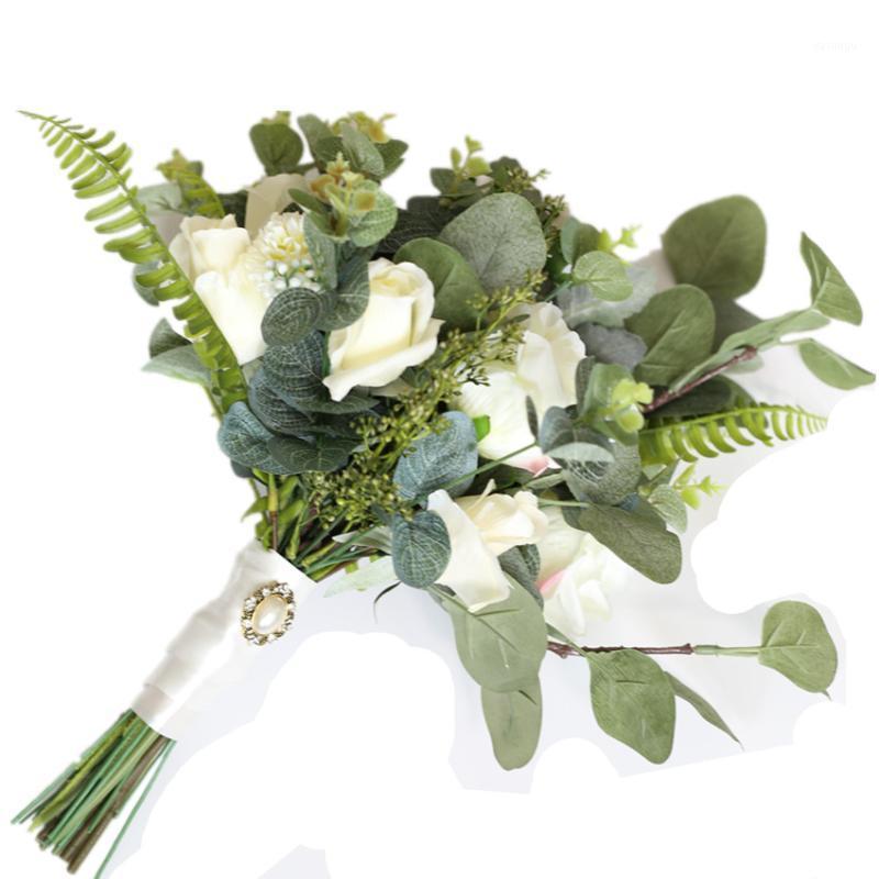 

Simple white rose eucalyptus bride holds a flower in her hand to decorate a flower wedding simulation Free Shipping1