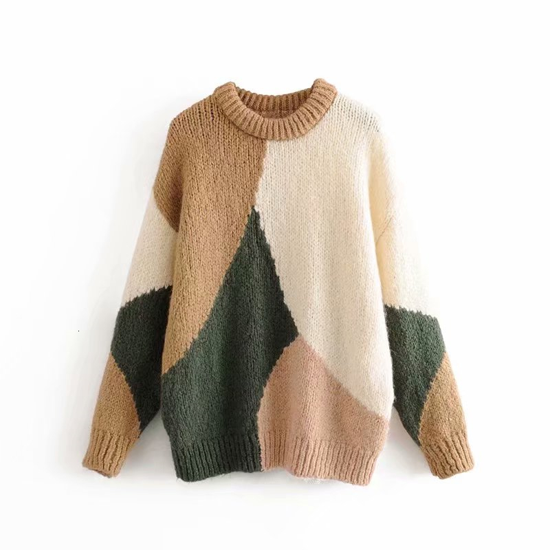 

2021 New Causais o Pescoo Suteres Macios Moda Senhoras Retalhos Streetwear Feminino Solto De Malha Superior Menina Camisola Wxvw, Brown