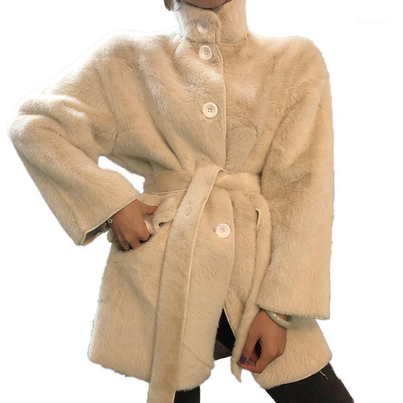 

Women 2020 Spring Autumn Faux Mink Cashmere Coat Female Stand Collar Long Sleeve Woolen Coat Ladies Solid Plush Warm Outwear L301, Beige