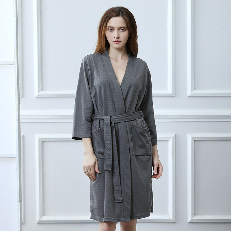 

2021 New Women Will See Waffle Solid Bathrobe Loosed Female Kimono with Sleepwear Jersey Sashes Ladies Ed Homewear Cb7y, White