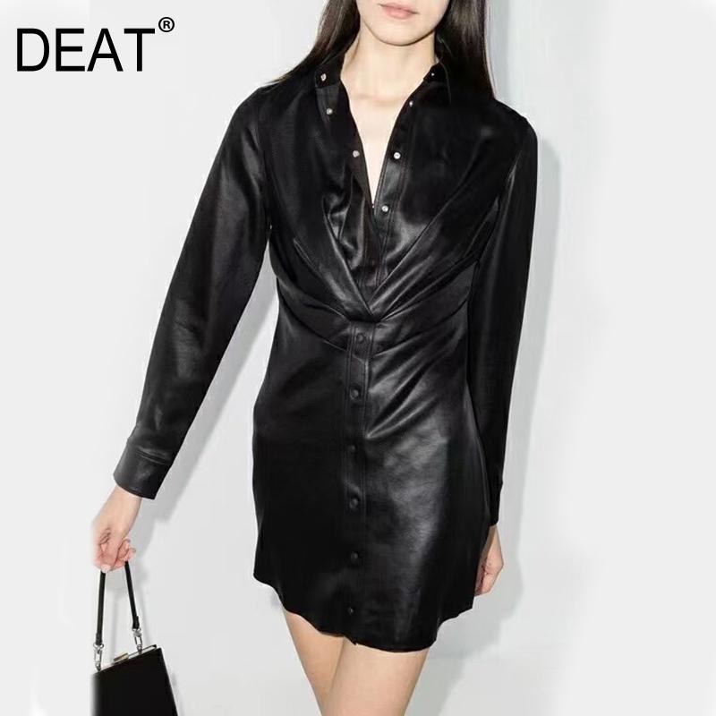 

DEAT 2020 Autumn / Winter New Fashion Lapel High Waist Full Sleeve Solid Loose Street Style Slim Black Short Shirt Dress 7B0381