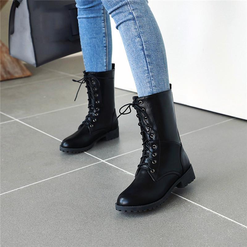

YMECHIC Winter 2020 New Reach Gothic Punk Lace Up Motorcycle Biker Boots Women Med Chunky Heels Black Brown Ankle Boots Shoes1