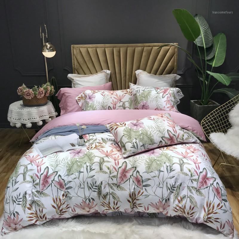 

Pink blossom bedding set 100% Egyptian cotton leaf print bed set sheets Satin duvet cover pastoral girls princess bedspread1, As pic