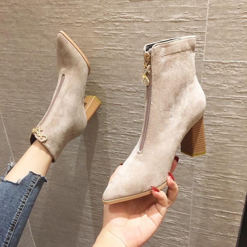 

Thick heel 2020 autumn and winter new pointed suede zipper boots women's short boots square toe high heels Q10-831, Beige