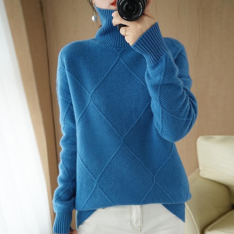 

Padded sweater women 100% pure wool pullover high neck loose knit bottoming shirt plus size autumn and winter new style, Beige