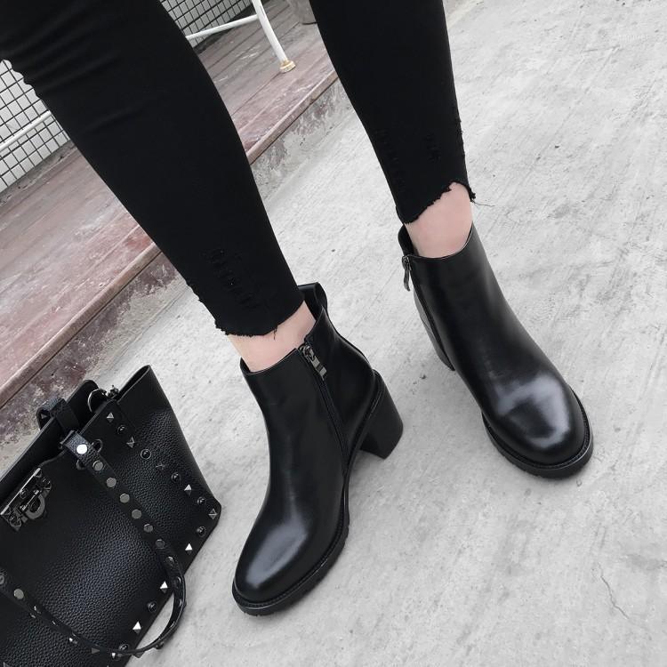 

Big Size 9 10 11 12 Round-headed solid-color thick-heeled zipper boots1, Black