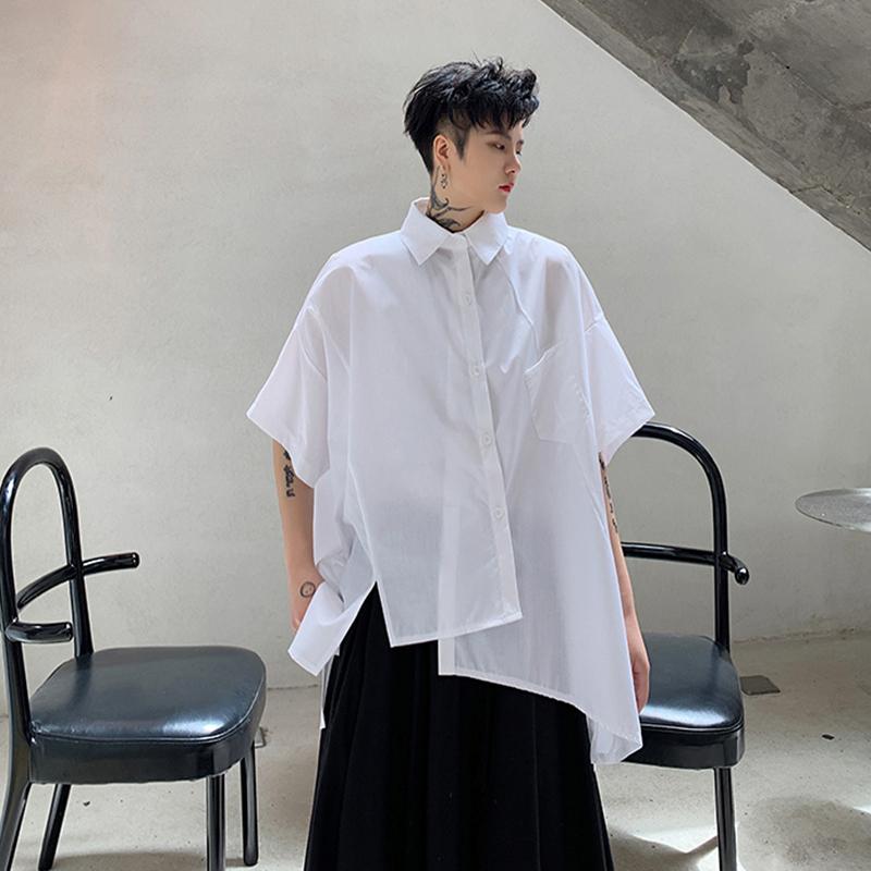 

Japanese hair style asymmetric stitching shirt men' short sleeve minority Yamamoto dark style shirt fashion personality brand, Black