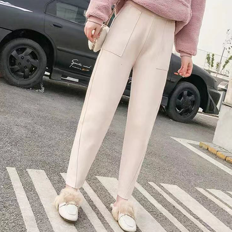 

2021 New Autumn Winter Knitted Women Harem Elastic High Waist Peg Leg Fly Casual Pocket Carrot Jogger Pants Trousers Nxcs, Pink
