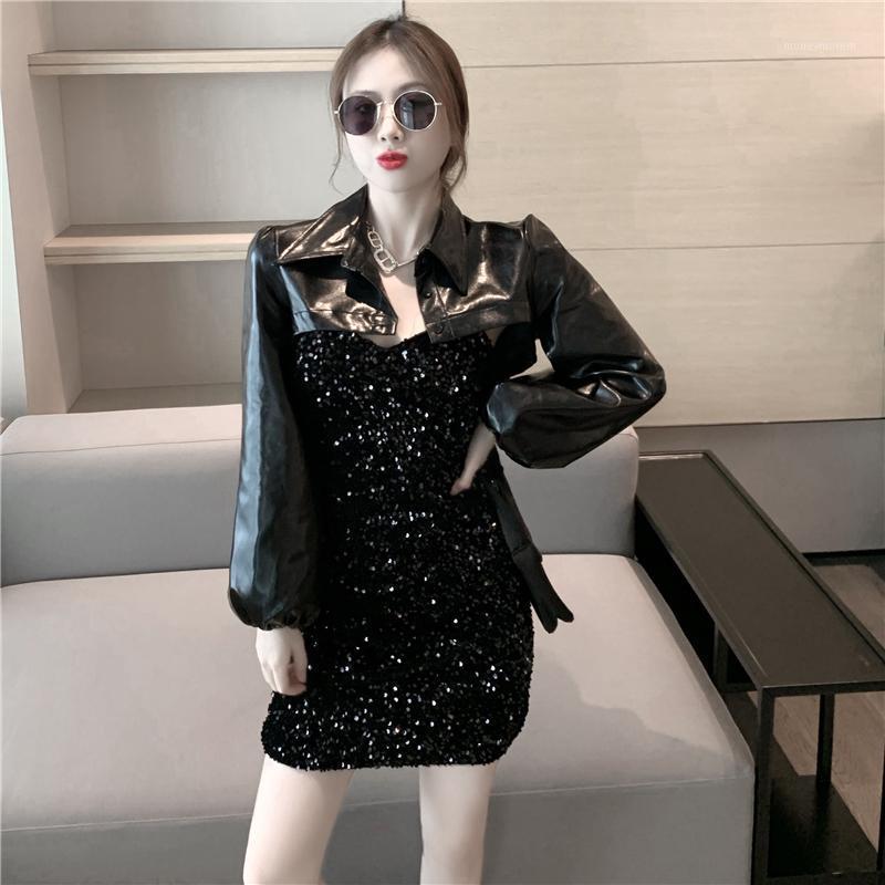 

Women Autumn New Two-Piece Sets Sexy Fashionable Sequined Suspender Skirt + Short Shawl Jacket Suits Large Size1, Black