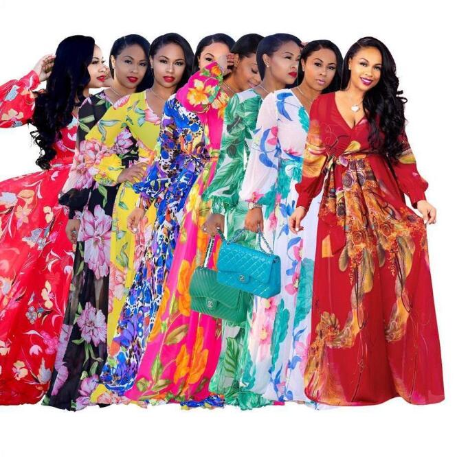 

Vintage Women Maxi Dress Floral Printed Plus Size Long Sleeves V Neck Chiffon Loose Robe Dresses Beach Vestidos 2019 New, Royalblue