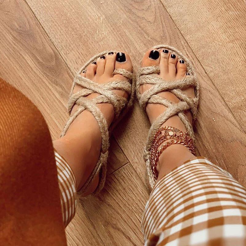 

Spring New Ladies Sandals Round Toe Slip-On Woven Rope Knots Beach Casual 2021 Roman Shoes Braided Knots Casual Beach Slippers1, Beige