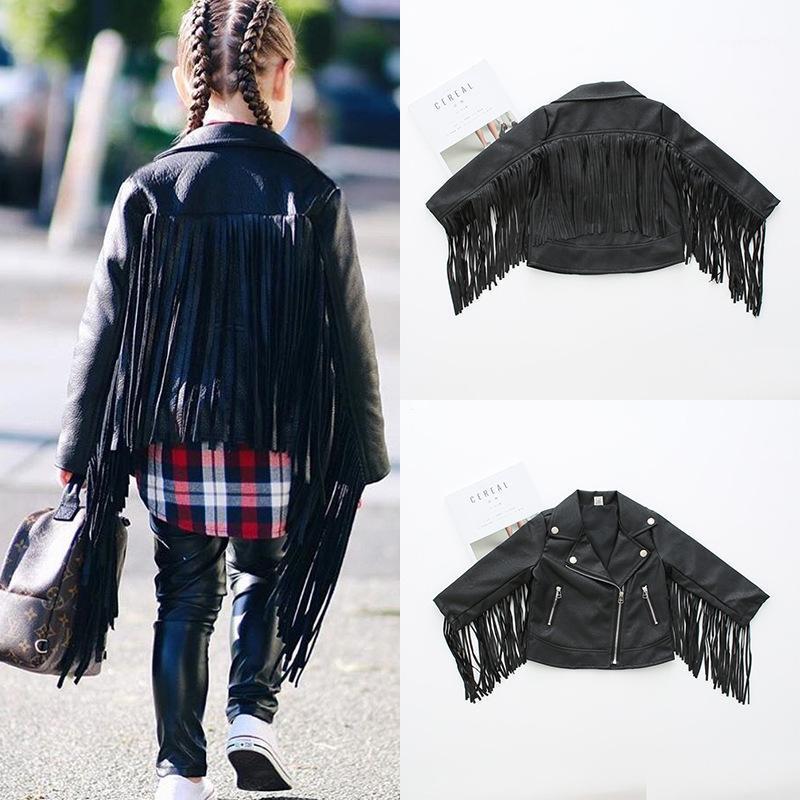 

Cool Girls Spring Autumn Girls Pu Jacket Baby Coat Children Fashion Outwear Kids Streetwear Faux Leather Long Wing Tassel 2 To 71, Black