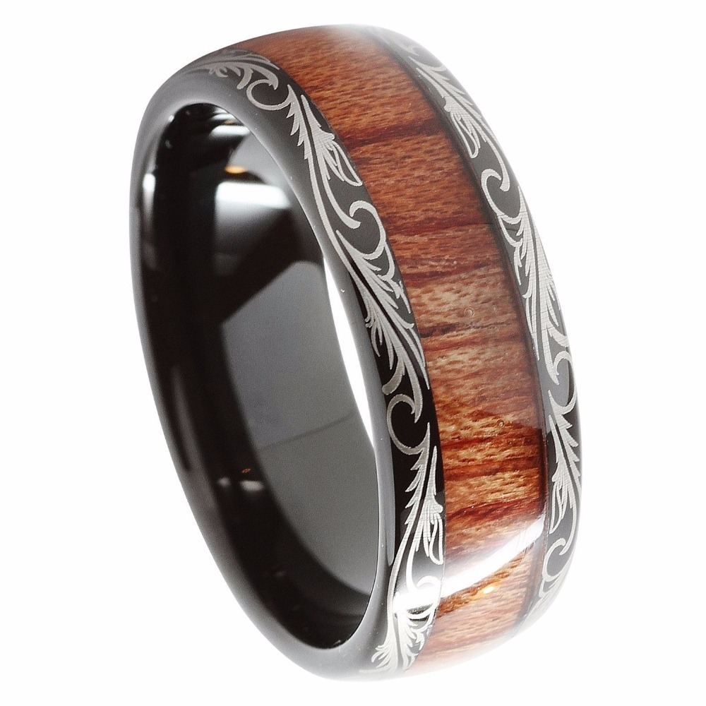 

8mm Black Tungsten Carbide Ring Koa Wood Inlay Dome Matching Wedding Bands Men's Jewelry J190625