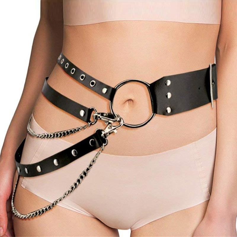 

Belts Fashion Women Gothic Punk Waist Belt Chain Metal Circle Ring Design Silver Pin Buckle Leather Black Waistband Jeans, Black;brown