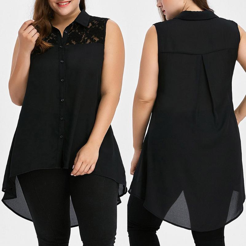 

Women Tops And Blouses 2020 Plus Size Summer Female Solid Color Vest Large Size Lace High Low Tops Asymmetric Sleeveless Shirts, Black