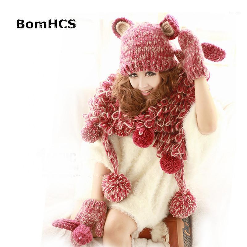 

BomHCS FUNNY Ears Winter Warm Women's Beanie & Gloves & Scarf (3PCS) 100% Handmade Knit Hat Mittens1