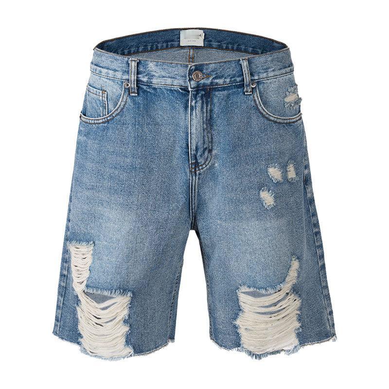 

Summer hole denim shorts male hip hop polyester cotton casual shorts regular pockets knee length, Black