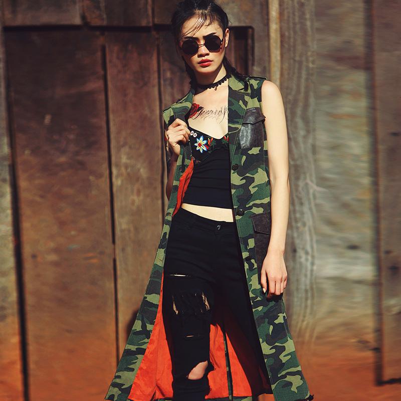 

Aporia.As Spring Autumn Women Vintage Cotton Jacket Camouflage Print V-Neck Single Breasted Belt Casual Loose Vest Coat, Army green