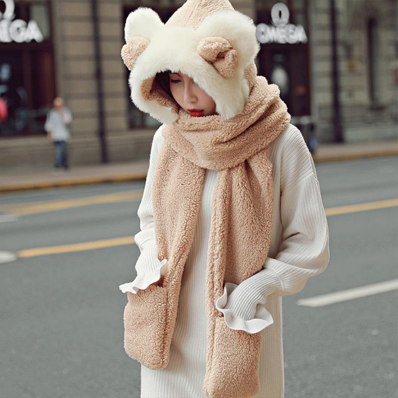 

Scarves 3 In 1 Plush Outdoor Soft One Piece Washable Sweat Absorb Women Winter Hat Solid Thick Warm Scarve With Gloves Fashion Cute