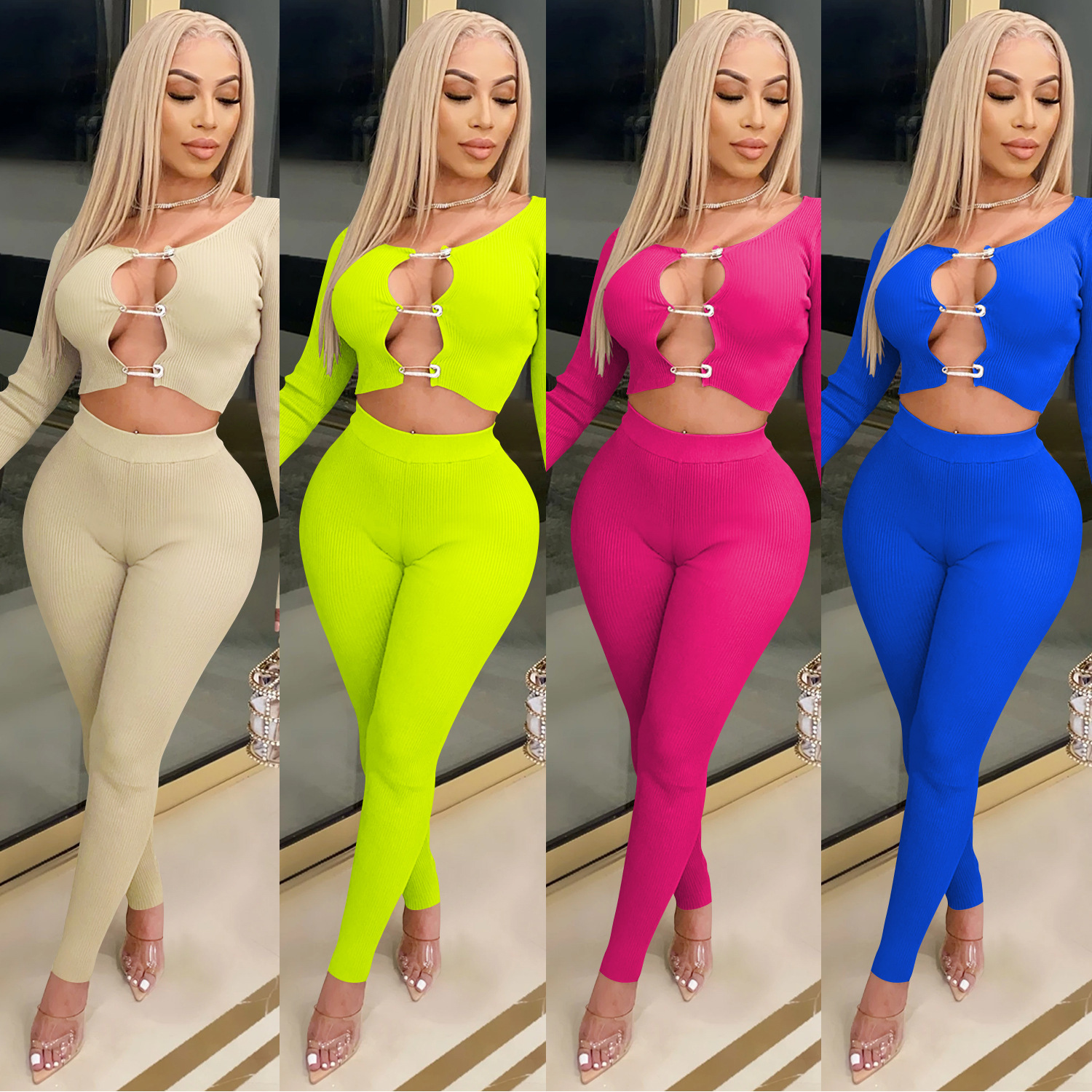 

2020 Autumn And Winter new fashion tight solid color casual short top two piece set Women Designer Fashion Long Sleeve Pants Outfits, Green