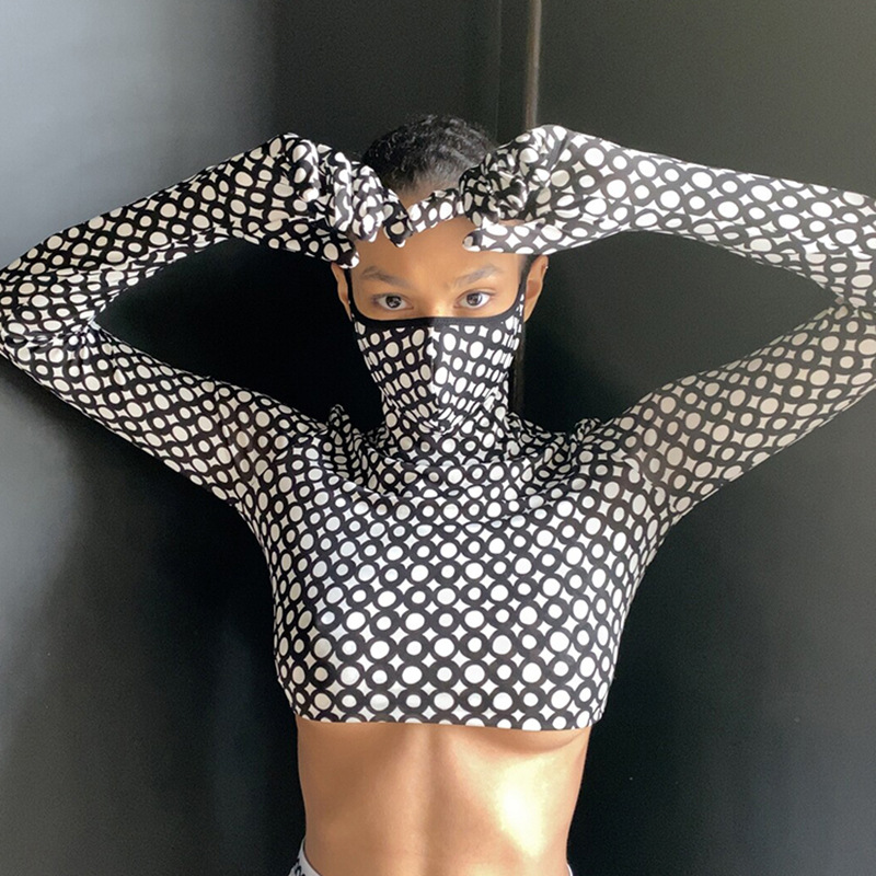 Long Sleeve With Gloves Mask Crop Tops Print Women Fashion Spring 2021 Street Style T Shirts Bodycon Skinny Sexy Tee