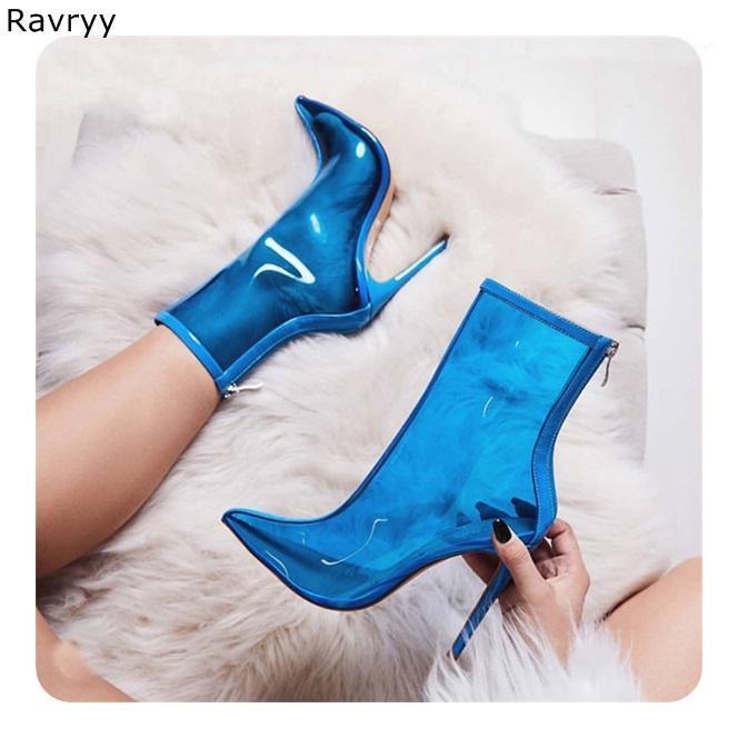 

Ins Fashion Women sandal boots transparent PVC Blue short boots thin heel pointed toe female shoes model show club party shoes1, As picture