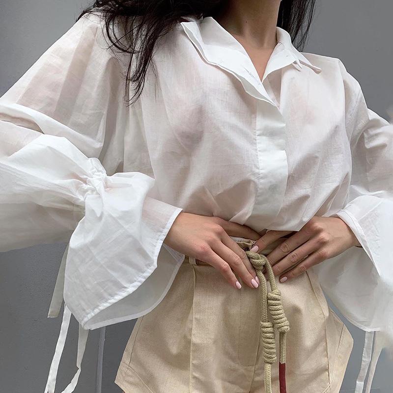 

Autumn Spring Women Casual Cotton Linen Solid Color White Blouses Buttons Lapel Elastic Tie Long Sleeves Shirts Tops High Street