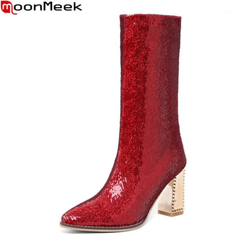 

MoonMeek 2020 High quality women boots thick high heels pointed toe winter ladies shoes fashion gold sliver color mid calf boots1