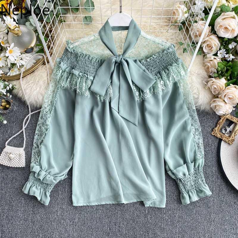 

Neploe Women Chiffon Blouse Lace Patchwork Korean Elegant Shirt 2020 Spring Puff Long Sleeve Bow Tie Collar Top Blusas 573871, Black