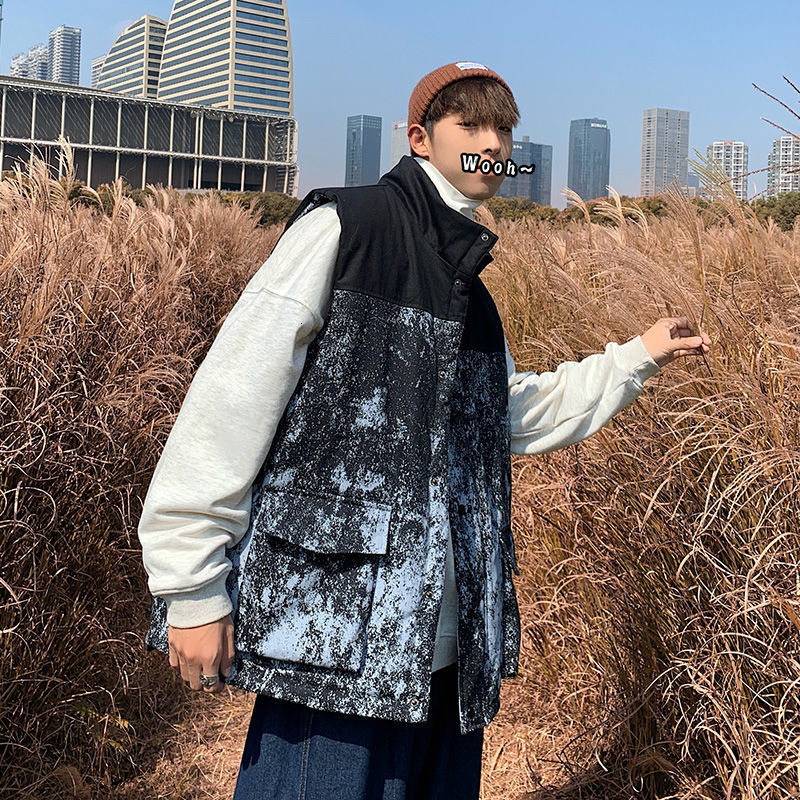 

2021 Cotton Man-quilted Clothing Autumn New Winter Quilted Tie-dyed Cotton-padded Waistcoat Men's Fashions O92Q, Black