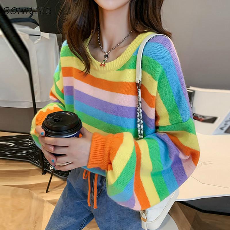 

Sweaters Women Loose Sweet Lovely Fashion Candy Colors Striped Lantern Sleeve Lace Up Female Pullovers Japanese Style Knitted, As shown2