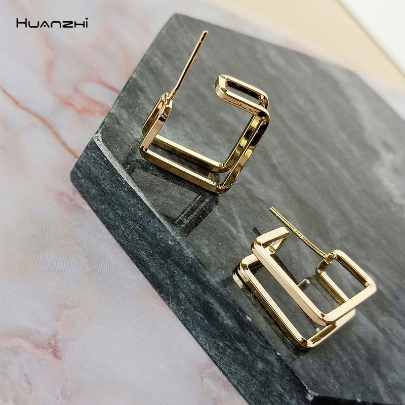 

Stud HUANZHI 2021 Gold Silver Color Double Layer Metal Geometric Square Earrings Trendy For Women Girls Travel Jewellry