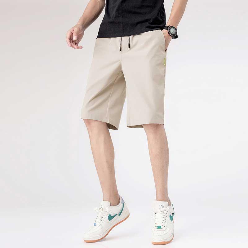 

Summer Men Casual Shorts Solid Knee Length Pants Polyester Regular Mid Elastic Waist Shorts Pockets Decoration 2021, Black