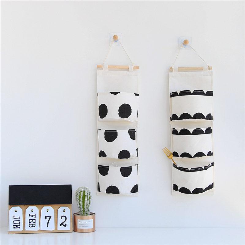 

1 PC 20*57cm Nordic Style Linen Cotton Hanging Storage Bag 3-pocket Design Black White Dot Cactus Wall Door Hanging Storage, Dark khaki