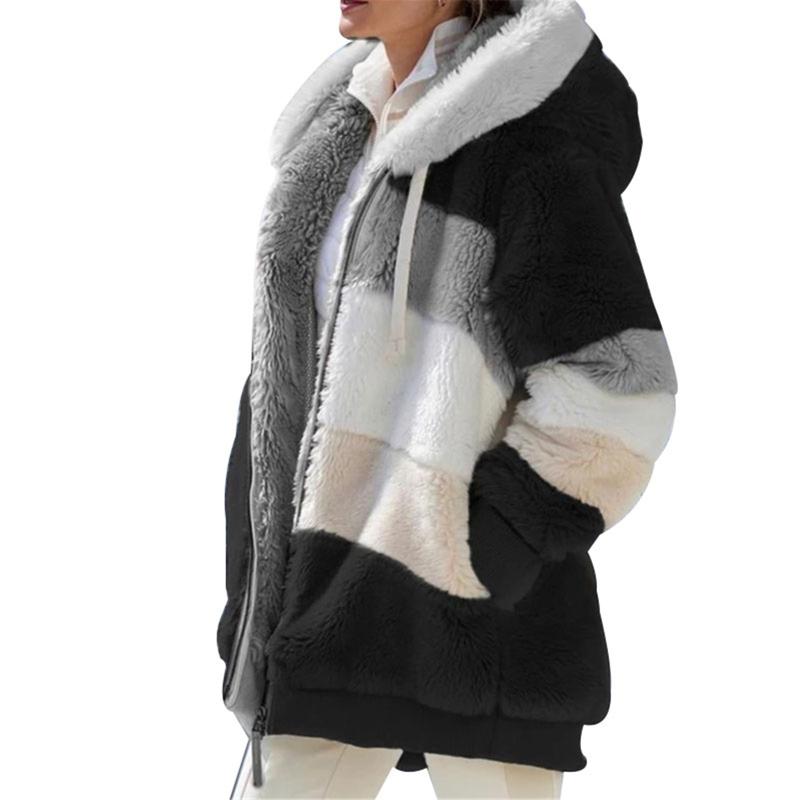 

Winter Contrasting Plush Padded Coat Warm Loose Fit Zipper Closure Hooded Coat Various Color Outerwear for Women, Black