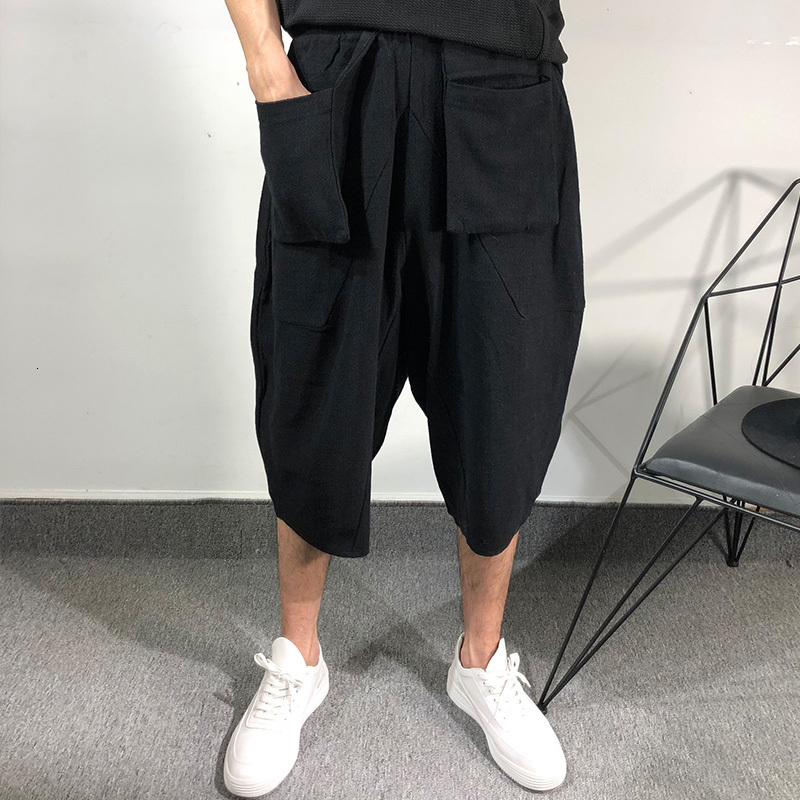 

2021 S-6xl!! New Spring Summer of Original Linen Released Haren Pants Seven-minute Hemp-pocket Material ZYDL, Black