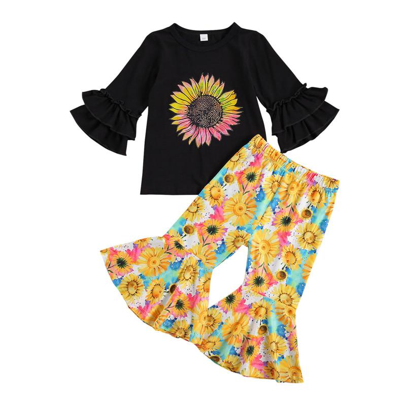 

2021 Kids Long Sleeve Sunflower Print Top Flared Pants 2pcs Children Girls Clothes, As pic
