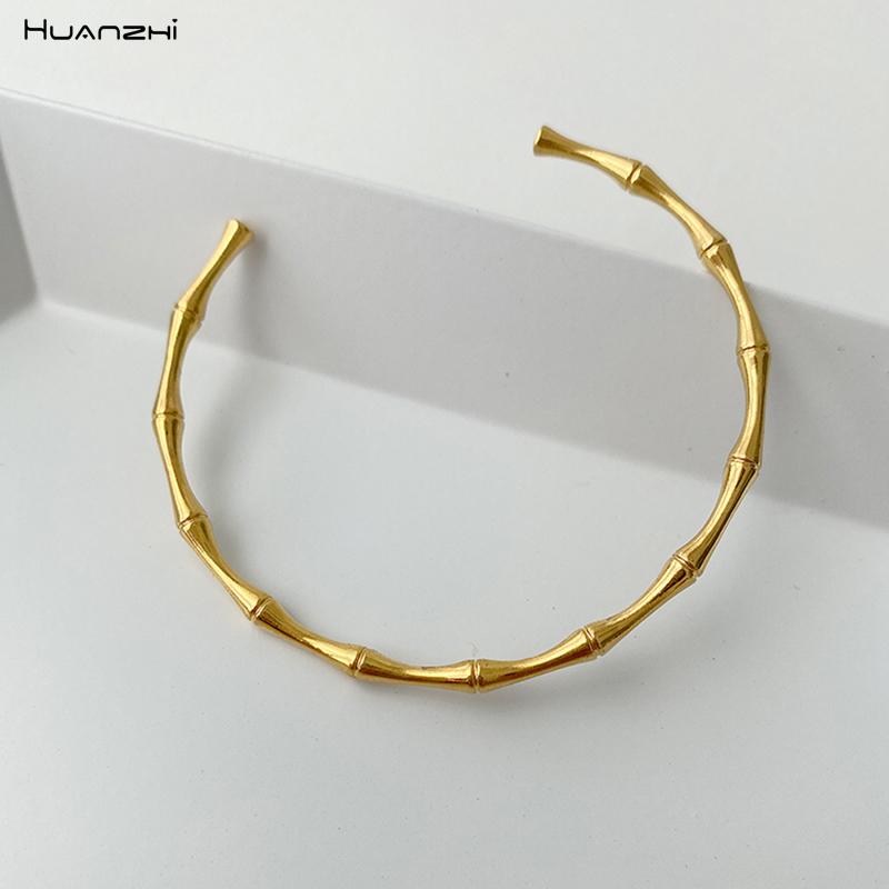 

HUANZHI 2020 Simplicity geometry gold color metal Bamboo joint bracelet Opening adjustable bracelet Bangle for Women Girl Gift