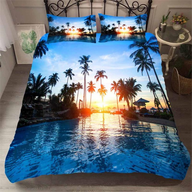 

2/3 Pieces Seaside Landscape Bedding Set Beach Scenery Duvet Cover Home For Kids Adults Bed Quilt Cover Pillowcase (No Sheets), As picture