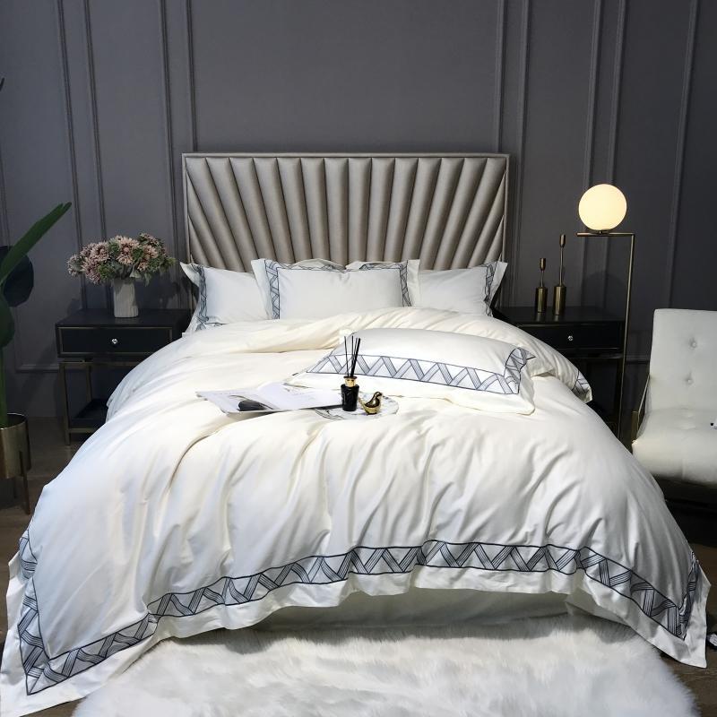 

4 Pieces Luxury Embroidery Bedding Set White Hotel Bed Sheets King Size Nordic Covers Green Orange Grey Linens Sateen Cotton, 10-3