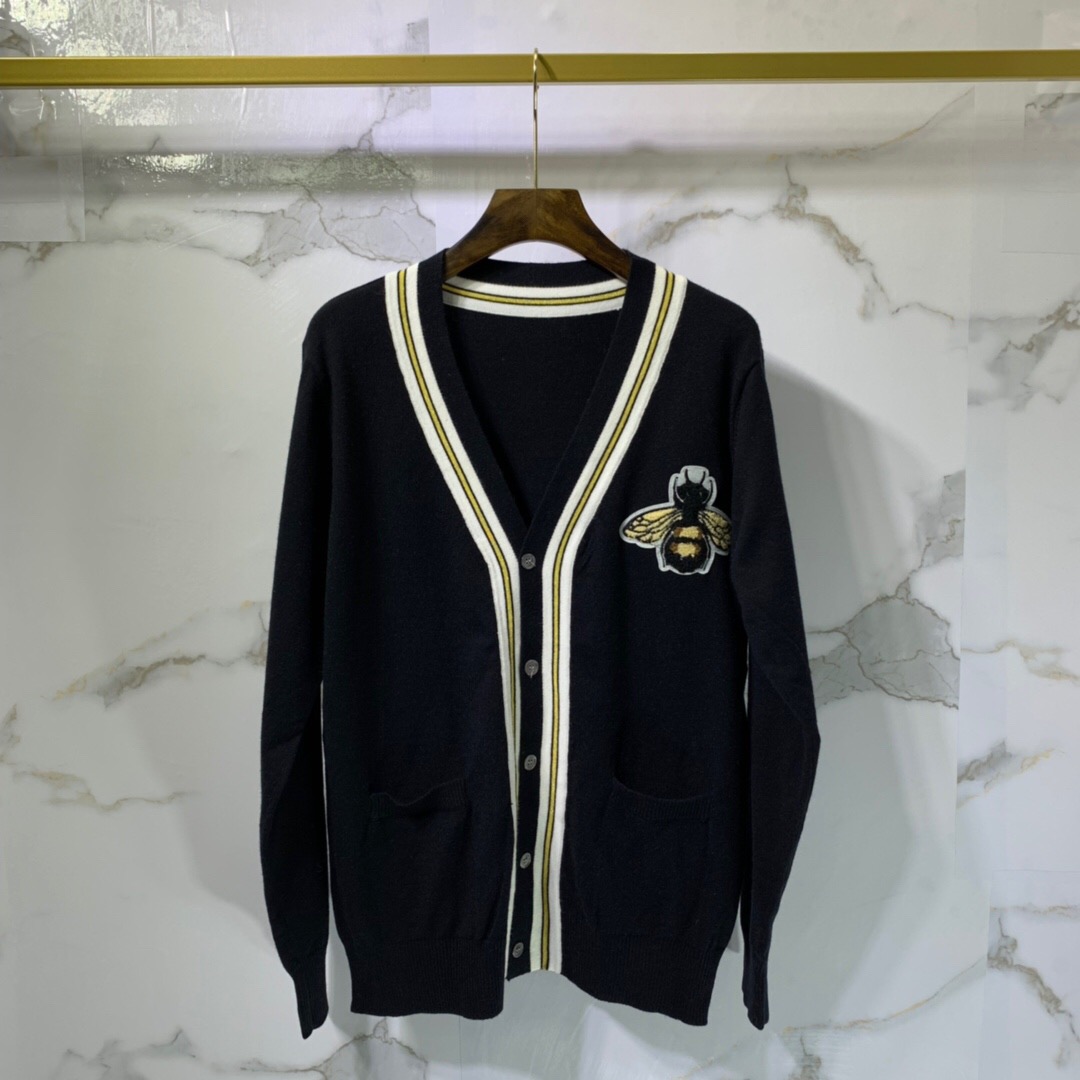 

New Fashion Autumn Winter Sweater Men Women bees Embroidery Knit wool Casual Sweater Female Pullover Open fork V-neck Sweater, Black