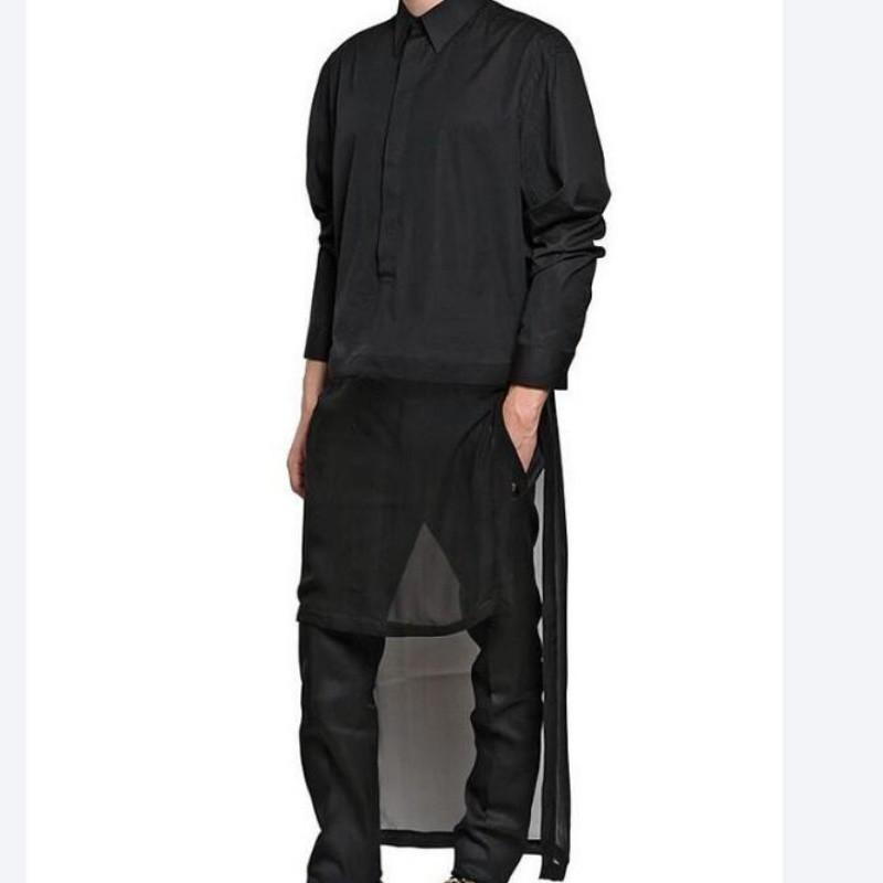 

Hot 2021 New Men Black Sweep Decoration Long-Sleeve Shirt Top Singer Dj Zhi- Long Gd Nightclub Costumes Clothing