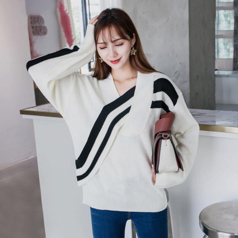 

EWQ] 2020 Autumn Winter New Fashion V-neck Long Sleeve Stripe Pullover Knitting Temperament Casual Women Sweater 3AC4651, Black