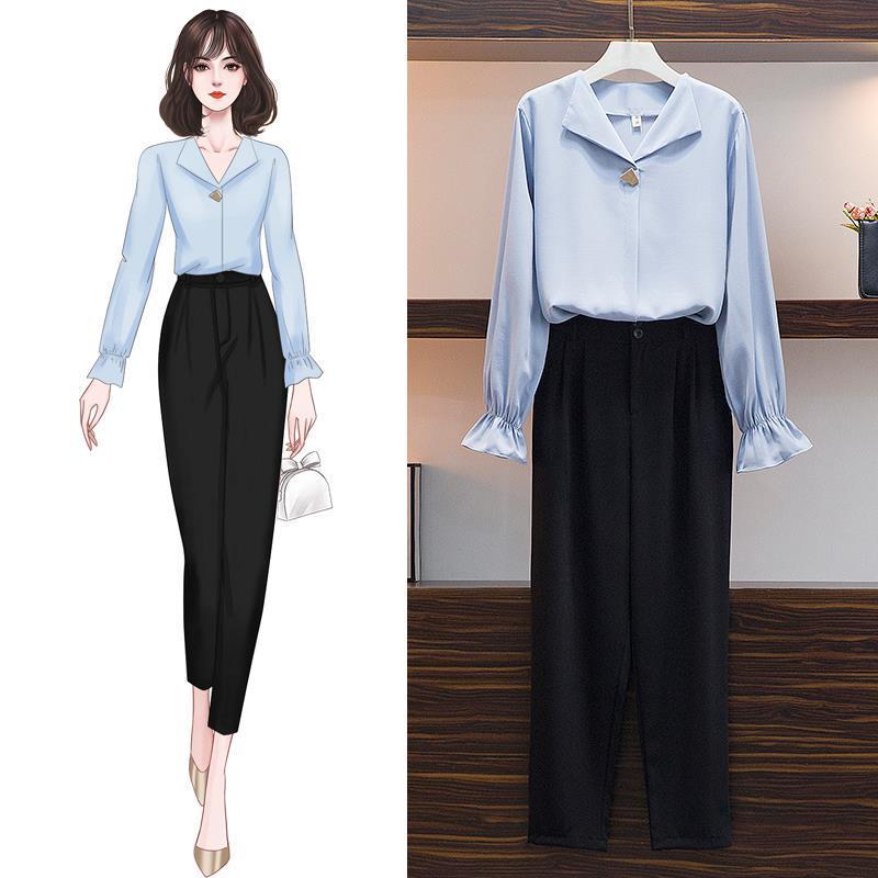 

Women 2021 Autumn Winter Office Fashion Two Piece Pants Sets Outfits Female V-Neck Blouse Shirt + Pants Suits Workwear Sets B561, Blue