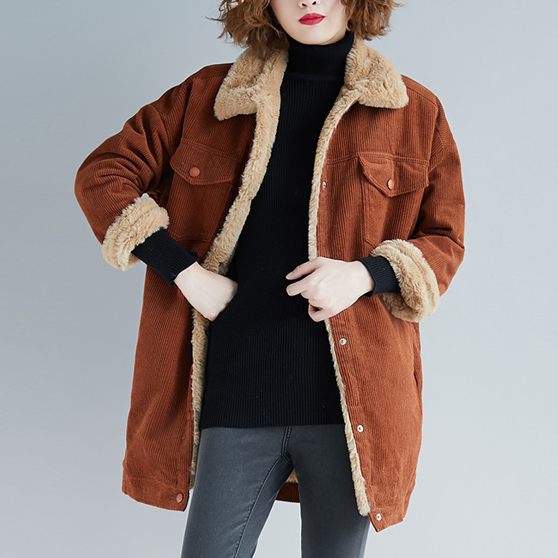 

Casual medium-length velvet plus female thick fleece turn-down collar wool 2020 warm winter colours solid women's jacket, Coffee